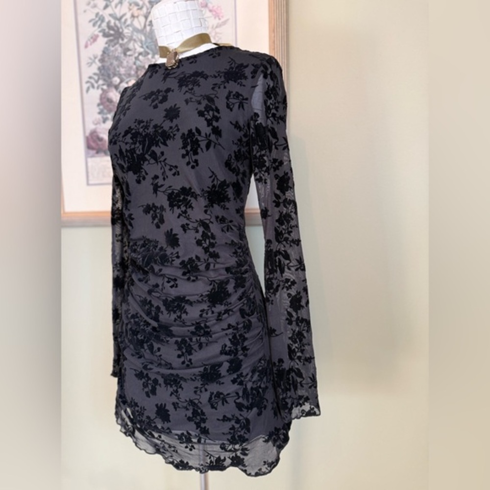 Long sleeve black floral mesh dress